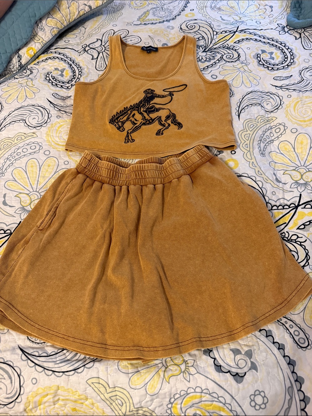 Womans Rusty Mustard Two-Piece Tank & Skirt Set with Rodeo Graphic